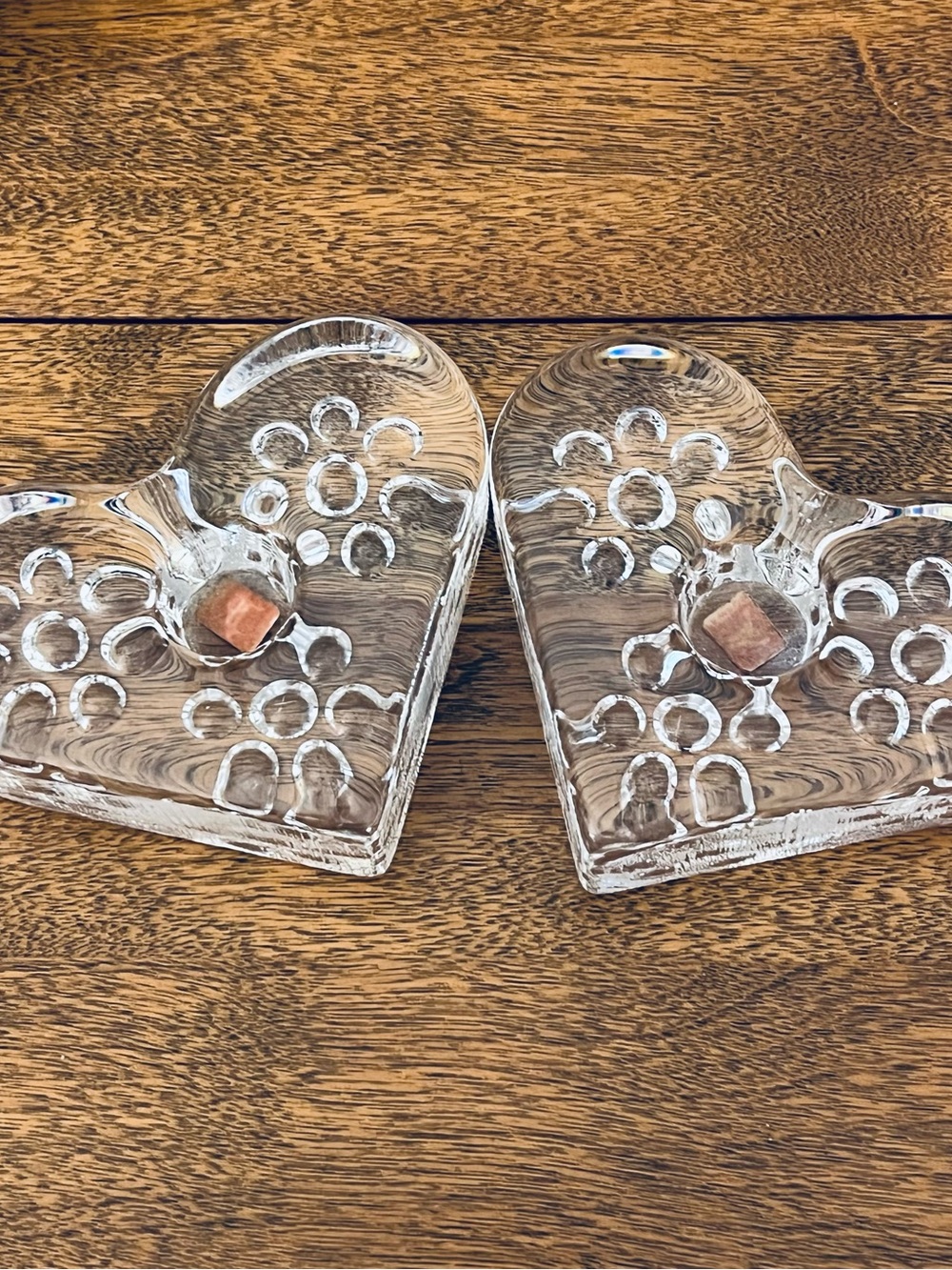 Hadeland Norway Pair Floral Hearts Clear Glass Taper Holders